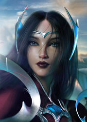 1girls 3d 5:7 black_hair blue_eyes clouds dark_lipstick female female_only headband headwear irelia_xan league_of_legends light-skinned_female long_hair looking_at_viewer portrait riot_games sevenbees solo source_request rating:Safe score:24 user:UpLoGT