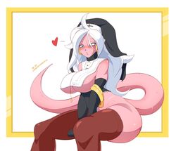 1girls 2021 android_21 android_21_(good) armwear big_breasts blue_eyes blush brown_stockings dragon_ball dragon_ball_fighterz earrings erect_nipples_under_clothes female female_only heart hi_res long_hair lunaexhabbitix majin majin_android_21 nipple_bulge nun nun_hat nun_outfit pink_skin sitting solo stockings tail thick_thighs white_hair rating:Questionable score:86 user:BlueVertig0