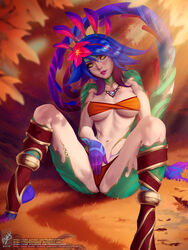 bandeau bare_shoulders between_legs blue_hair breasts brown_sclera collarbone colored_sclera colored_skin female female_masturbation flower green_skin hair_flower hair_ornament hand_between_legs highres jewelry knees_up large_breasts league_of_legends legs_apart lizard_tail masturbation medium_hair navel necklace neeko orange_bandeau orange_panties panties pink_flower pink_lips red_hair reptile_girl riot_games sitting slit_pupils smile solo stomach tail teeth themaestronoob tree underwear web_address yellow_eyes rating:Explicit score:39 user:bot