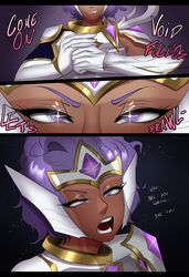 1girls clothed clothing comic comic_page dark-skinned_female dark_skin english_text female female_only league_of_legends no_sex open_mouth penis_awe penis_shadow purple_eyes purple_hair qiyarts rell_(league_of_legends) riot_games solo star_guardian_rell star_guardian_series teeth text rating:Safe score:61 user:wirewolf