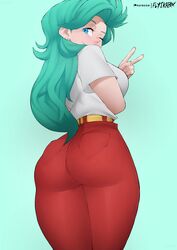 1girls aqua_eyes aqua_hair ass big_ass blue_hair breasts bulma_briefs bulma_briefs_(post_saiyan_saga) dragon_ball dragon_ball_z eye_contact female female_only flytrapxx long_hair looking_at_viewer looking_back one_eye_closed peace_sign sideboob solo standing thick_thighs tight_clothing tight_pants wink rating:Questionable score:403 user:Mukkypokky