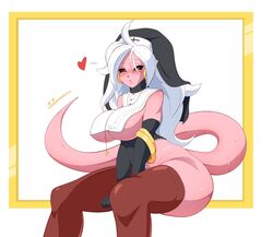 1girls 2021 android_21 android_21_(evil) armwear big_breasts black_sclera blush brown_stockings dragon_ball dragon_ball_fighterz earrings erect_nipples_under_clothes female female_only heart hi_res long_hair lunaexhabbitix majin majin_android_21 nipple_bulge nun_hat nun_outfit pink_skin red_eyes sitting solo stockings tail thick_thighs white_hair rating:Questionable score:79 user:BlueVertig0