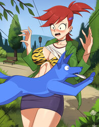 1girls animal_print barleyshake big_breasts bikini bikini_top black_eyes blush blushing bra breasts canine cartoon_network clothing female fossil_pokémon foster's_home_for_imaginary_friends frankie_foster fully_clothed huge_breasts large_breasts monster_boy ponytail red_hair tagme undressing rating:Questionable score:117 user:suran234