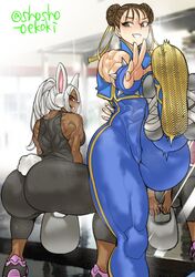 2girls ass big_ass blush bouncing_breasts breasts brown_eyes brown_hair bunny_ears capcom chun-li crossover dark-skinned_female dark_skin exercise female female_only fully_clothed gym miruko muscular_female my_hero_academia red_eyes rumi_usagiyama shosho_oekaki street_fighter street_fighter_alpha thick_thighs voluptuous watermark weightlifting weights white_background white_hair workout workout_clothes rating:Safe score:247 user:Mukkypokky