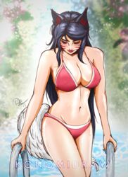 1girls ahri athletic_female big_ass bikini black_hair blush clear_sky erect_nipples eyelashes fox fox_ears fox_girl fox_tail grabbing hair_down konomidraw large_breasts league_of_legends long_hair looking_down makeup nail_polish nature navel nipples_visible_through_clothing outdoors outside pool railing red_lipstick riot_games shiny swimsuit thick_thighs thong tight_clothing vastaya water rating:Questionable score:89 user:dd51