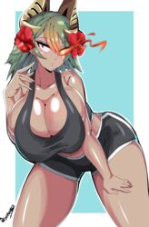 1girls bare_thighs breasts breasts_bigger_than_head cleavage collarbone curvy dark-skinned_female dark_skin earrings female female_only fire fire_emblem fire_emblem_heroes flower glowing_eyes green_hair hair_flower horns huge_breasts laegjarn_(fire_emblem) laegjarn_(summer)_(fire_emblem) leaning_forward multicolored_hair nintendo red_eyes red_flower senak012 short_hair shorts sideboob solo tank_top thick_thighs thighs voluptuous rating:Questionable score:49 user:kris923