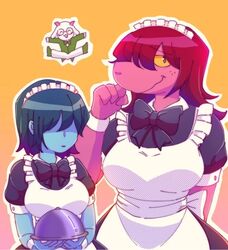 1boy 2girls anthro big_breasts blue_skin bowtie breasts butler deltarune duo_focus female_anthro female_focus female_human hair_over_eyes happy human kris_(dark_world_form) kris_(deltarune) kris_female_(deltarune) lanbung maid orange_background pixiv_id_71770255 purple_skin ralsei ralsei_with_white_fur sfw simple_background susie_(dark_world_form) susie_(deltarune) trio undertale_(series) white_fur yellow_sclera rating:Safe score:100 user:goody12332