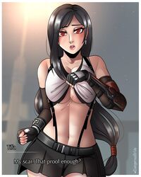 1girls big_breasts black_hair blush clothes_lift clothing dangerousbride dialogue english_text female female_only final_fantasy final_fantasy_vii long_hair looking_at_viewer red_eyes scar scar_on_chest solo talking_to_viewer tied_hair tifa_lockhart underboob very_high_resolution rating:Questionable score:31 user:BlueVertig0