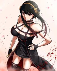 assassin big_breasts black_clothing black_hair blood blushed breasts cleavage dress earrings female female_only gloves necklace needle rakara11 red_eyes socks spy_x_family stiletto_(weapon) thighhighs thorn_princess yor_briar rating:Questionable score:34 user:Lryuk