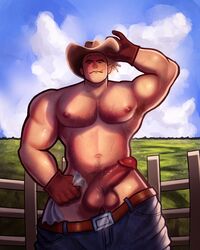  abs balls bara big_penis cowboy_hat egorblin male male_only muscular muscular_male pecs solo_male sweat  rating:explicit score: user:daimox