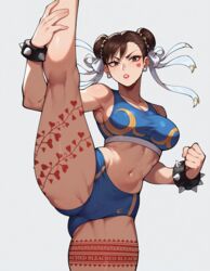 1girls ai_generated ass athletic bare_legs big_breasts bleached bra breasts brown_eyes brown_hair capcom chun-li clothed earrings female female_only fit fit_female hair_bun legs_up lipstick looking_at_viewer makeup midriff one_leg_up parted_lips pose queen_of_hearts red_lipstick short_shorts shorts skimpy skimpy_clothes solo solo_female splits sports_bra sportswear standing_on_one_leg standing_split street_fighter sweat tattoo thick_thighs thighs yuroart rating:Questionable score:92 user:yuroart