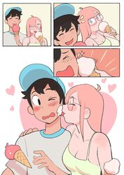 baseball_cap blush cleavage closed_eyes colo comic comic_page couple cute eating_food food_on_face freckles fully_clothed glasses hugging ice_cream kyler_(colo) licking licking_face nervous one_eye_closed rita_(colo) surprised sweet_hex tank_top wholesome rating:Safe score:184 user:MrEgorMan