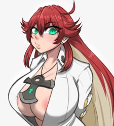 big_breasts breasts clothing female female female_only green_eyes guilty_gear guilty_gear_strive jack-o'_valentine looking_at_viewer mostly_clothed multicolored_hair nipple_slip no_bra red_hair sunk118 rating:Explicit score:89 user:Deynce