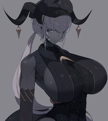 1girls bare_shoulders bob_cut breasts breasts_out curved_horn dark-skinned_female dark_skin female female_focus female_only hat horn horn_jewelry horned_humanoid horns ill_(ub1mo) long_hair original pointy_ears police_hat short_hair sideboob tagme tail thick_tail toned toned_female ub1mo very_dark_skin white_hair yellow_eyes rating:Questionable score:28 user:CalZone