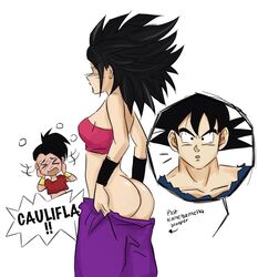 ass caulifla dragon_ball dragon_ball_super english_text exposed_ass female holding_pants kale pants_down son_goku universe_6/universe_7 universe_6_saiyan/universe_7_saiyan unknown_artist white_background rating:Explicit score:46 user:Dbfan00