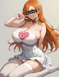 ai_generated alan_rex bleach bleached collar inoue_orihime orange_hair queen_of_hearts stockings rating:Explicit score:182 user:BaCiy