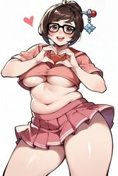  1girls ai_generated aimoonshine blush brown_eyes brown_hair cowboy_shot crop_top female glasses hair_bun hair_stick heart heart_hands large_breasts lips looking_at_viewer mei_(overwatch) neckerchief open_mouth overwatch overwatch_2 pink_shirt pink_skirt pleated_skirt plump sailor_collar school_uniform serafuku simple_background smile thick_thighs tight_clothing underboob white_background wide_hips  rating:questionable score: user:aimoonshine