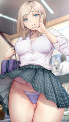 1girls ass_visible_through_thighs big_breasts blonde_hair blouse blue_eyes breasts cameltoe female female_only gentsuki gyaru looking_at_viewer original panties perky_breasts public_exposure school_uniform shirt skirt thick_thighs thong upskirt wide_hips rating:Explicit score:236 user:Tronitrus