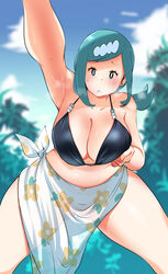 1girls alternate_breast_size arm_up armpits blue_eyes blue_hair blue_sky blush breasts chubby detailed_background female female_focus female_only hair_ornament hi_res huge_breasts kenron_toqueen lana's_mother_(pokemon) looking_at_viewer mature_female medium_hair milf mob_face mother nintendo octoosr outdoors pareo pokemon pokemon_sm sarong selfie standing sweat sweaty_body thick_thighs thighs topless topless_female rating:Questionable score:266 user:FilthyHank69