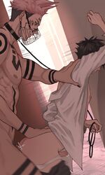 2boys abs anal animal_collar animal_ears arm_tattoo ass black_hair black_nails blurry bondage bound chest_tattoo clothed_sex collar cum cum_while_penetrated ejaculation ejection erection facial_tattoo fushiguro_megumi height_difference highres jujutsu_kaisen leash leg_tattoo makababazi male_focus male_only male_underwear moaning multi_eye multiple_boys muscular muscular_male muzzle nipples nude open_clothes open_shirt pants pectorals penis pink_hair red_eyes ryoumen_sukuna_(jujutsu_kaisen) sex shirt short_hair shoulder_tattoo spiked_hair tattoo toned undercut underwear white_male_underwear white_shirt yaoi rating:Explicit score:130 user:bot