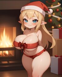 1girls :3 ai_generated blonde_female blonde_hair blonde_hair blue_eyes breasts christmas christmas_tree cleavage curvy elf elf_ears elf_female elf_girl female female_only gift gift_box gift_wrapped hands_behind_back holidays huge_breasts indoors looking_at_viewer navel pointy_ears rocksolidart santa_hat shortstack solo solo_female thick_thighs very_long_hair wide_hips rating:Questionable score:106 user:Civilized_Worm