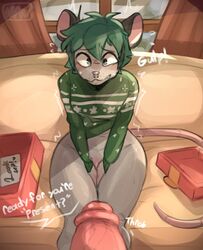 2boys absurd_res anthro biped blush detailed_background duo erection femboy genitals green_hair grey_body hair hi_res kayden_(mawmain) male male/male mammal mawmain mouse murid murine penis rodent sitting rating:Explicit score:187 user:bot