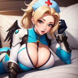  ai_generated angel exe56 laying_on_bed mercy nurse_cap nurse_uniform overwatch overwatch_2  rating:explicit score: user:exe56