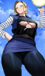 1girls android_18 big_breasts blonde_hair blue_eyes breasts dragon_ball dragon_ball_z female female_focus female_only ripped_clothing short_hair skirt solo standing thick_thighs yoshi55level yoshio_(55level) rating:Explicit score:149 user:Mukkypokky