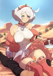 1boy ahoge bare_shoulders blue_eyes blush breasts clothes_lift collar covered_nipples elphelt_valentine erection female female_pubic_hair gloves guilty_gear guilty_gear_strive highres jacket large_breasts leather leather_jacket lifted_by_self no_panties penis precum pubic_hair pussy short_hair skirt skirt_lift smile solo_focus spiked_collar spikes squeezable squeezable_(squeezabledraws) straight thigh_sex thighs uncensored white_hair rating:Explicit score:427 user:bot