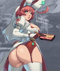 1girls ass_focus big_ass big_breasts blaster blue_eyes cute elphelt_valentine goofy guilty_gear guilty_gear_strive guilty_gear_xrd gun i_need_more_bullets large_ass light-skinned_female light_skin meme pink_hair skullworms solo wedding_dress rating:Explicit score:127 user:HexZeke