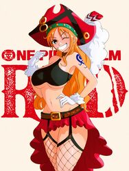 1girls belt big_breasts breasts brown_eyes choker crop_top curvy curvy_figure dress feathers female female_only fishnet_stockings fishnets frills garter_belt gloves grin halterneck logo long_hair looking_at_viewer nami navel one_piece one_piece_film_red opalisart orange_hair pirate pirate_hat plume short_skirt shoulder_tattoo skimpy skimpy_clothes skirt slim slim_waist solo sword tattoo teeth thick_thighs tricorne tricorne_hat underboob wink rating:Safe score:131 user:lespam_605