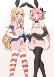 2022 2boys alternate_version_available astolfo_(fate) balls blonde_hair blue_eyes bulge bunny_ears chastity chastity_cage chastity_device cock_cage crossover erection eye_contact fate/grand_order fate_(series) femboy feminine_male flat_chastity_cage girly hair_ribbon kantai_collection lamsass legwear looking_at_viewer male male_only micropenis microskirt miniskirt penis pink_hair shimakaze_(kantai_collection) simple_background skirt skirt_lift small_penis standing stockings thong trap rating:Explicit score:619 user:St1rolvamp3ler