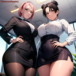 2girls ai_generated alternate_costume artist_name asymmetrical_docking bare_legs bare_thighs blazer boruto:_naruto_next_generations brown_eyes brown_hair cleavage commentary curvaceous curvy curvy_body curvy_female curvy_figure docking double_bun facing_viewer female female_only formal formal_clothes front_view green_eyes hourglass_figure indoors light-skinned_female light_skin long_hair looking_at_viewer mature mature_female multiple_girls nai_diffusion naruto naruto_(series) no_bra office office_lady pantyhose patreon_username pink_hair sakura_haruno shirt skirt slim_waist stable_diffusion stockings take_your_pick temptart tenten thick_thighs thighs twin_buns unbuttoned_shirt url watermark web_address wide_hips rating:Questionable score:174 user:Diwan