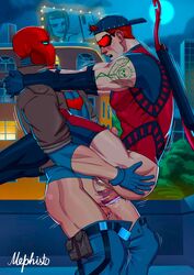 2boys anal anal_penetration arsenal_(dc) ass_grab black_hair carrying_partner carrying_position clothed_sex cock dc dc_comics erect_while_penetrated gay gay_sex hugging_legs jason_todd male male/male male_only male_penetrated male_penetrating mask mephisto mephisto(artist) muscular_male red_hair red_hood_(dc) red_hood_and_the_outlaws roy_harper sex stand_and_carry_position standing_sex tattoo thighs yaoi rating:Explicit score:10 user:CaxxRed