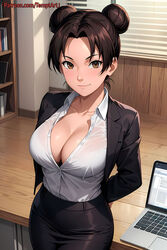 1girls ai_generated alternate_costume arms_behind_back artist_name blazer boruto:_naruto_next_generations brown_eyes brown_hair commentary curvaceous curvy curvy_body curvy_female curvy_figure double_bun female female_only formal formal_clothes hourglass_figure indoors laptop light-skinned_female light_skin long_hair nai_diffusion naruto naruto_(series) naruto_shippuden no_bra no_bra_under_clothes office office_lady open_shirt patreon_username presenting presenting_breasts shirt skirt stable_diffusion table teasing temptart tenten text twin_buns unbuttoned unbuttoned_shirt url voluptuous voluptuous_female watermark web_address rating:Questionable score:136 user:Diwan