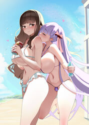 2022 2girls bb_(fate) beach bikini breasts brown_hair fate/extra_ccc fate/grand_order fate_(series) female female_only hakuno_kishinami hakunon_(female) height_difference hips huge_breasts long_hair massive_breasts monobe monobe_yuri original outdoors purple_eyes purple_hair ribbon ribbon_in_hair slim_waist thick_thighs thighs white_bikini wide_hips yuri rating:Questionable score:124 user:Cero_Oscuras