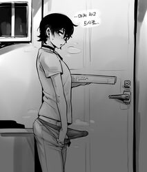 1boy black_hair borrowed_character bulge choker clothes_pull doppel doppel_(bonnypir) erection erection_under_clothes femboy girly highres hung_trap korean_text looking_at_viewer male male_only monochrome original otoko_no_ko pants pants_pull pizza_box pizza_delivery pulled_by_self shirt short_hair solo sweat sweating_profusely t-shirt translation_request trap rating:Explicit score:450 user:bot