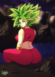 alien alien_girl aroused ass ass_focus big_ass big_breasts breasts dragon_ball dragon_ball_super erect_nipples female green_hair huge_ass inhus kefla looking_back_at_viewer muscular sitting voluptuous rating:Explicit score:129 user:wadibomba