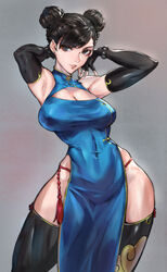 1girls absurdres armpits arms_up bangs black_eyes black_hair black_legwear blue_dress breasts capcom china_dress chinese_clothes chun-li cleavage cleavage_cutout clothing_cutout commentary covered_navel double_bun dress earrings elbow_gloves female female_only fingerless_gloves gloves gold_trim grey_background highres jewelry kyuuakaku looking_at_viewer makeup medium_breasts muscular_female parted_lips qipao shiny shiny_clothes shiny_hair simple_background sleeveless sleeveless_dress smile solo street_fighter street_fighter_ii thighhighs thighs tied_hair turtleneck rating:Questionable score:250 user:Surstromming