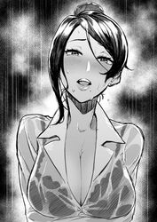 1girls arms_under_breasts bangs bijin_onna_joushi_takizawa-san black_hair blouse blush bra breasts cleavage collarbone collared_blouse collared_shirt earrings facing_viewer female female_only formal greyscale hair_bun jewelry lace lace_bra large_breasts looking_at_viewer milf mole mole_under_mouth monochrome office_lady open_mouth rain see-through shirt solo standing swept_bangs takizawa_kyouko tkhs underwear water_drop wet wet_clothes wet_hair rating:Questionable score:170 user:do_you_fart