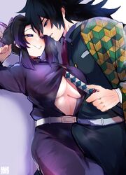 1boy absurdres against_wall belt black_hair blush breasts bulge butterfly_hair_ornament center_opening demon_slayer demon_slayer_uniform erection erection_under_clothes face-to-face female hair_between_eyes hair_ornament highres katana kimetsu_no_yaiba kochou_shinobu kurenaiz1 large_breasts long_hair looking_at_another parted_lips purple_eyes smile straight sword tomioka_giyuu underboob weapon white_belt rating:Explicit score:343 user:bot