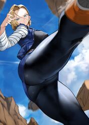 alternate_version_available android_18 big_breasts big_butt blonde_hair cameltoe dragon_ball dragon_ball_z kicking muscular_thighs skirt yoshi55level yoshio_(55level) rating:Explicit score:137 user:mangaboy69