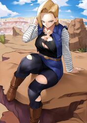 android_18 big_breasts boots cleavage dragon_ball dragon_ball_z muscular_thighs ripped_clothing skirt yoshi55level yoshio_(55level) rating:Explicit score:125 user:mangaboy69