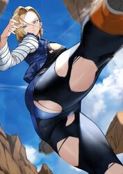 alternate_version_available android_18 big_breasts big_butt blonde_hair dragon_ball dragon_ball_z kicking muscular_thighs panties ripped_clothing yoshi55level yoshio_(55level) rating:Explicit score:156 user:mangaboy69