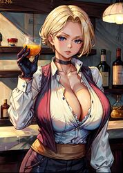 1girls ai_generated alcohol bar big_breasts blonde_hair blue_eyes bra_peek breasts choker cleavage glass gloves holding_glass indoors king_(snk) king_of_fighters large_breasts leather_gloves looking_at_viewer pants short_hair snk stable_diffusion tampopo unbuttoned_shirt vest white_shirt rating:Questionable score:58 user:Tampopo