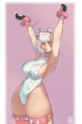 armpits arms_up big_breasts elphelt_valentine guilty_gear guilty_gear_strive guilty_gear_xrd hexprinxess huge_thighs leotard light-skinned_female light_skin nipple_bulge pale-skinned_female pale_skin sideboob solo solo_female solo_focus spiked_bracelet spiked_collar stretching thick_thighs thigh_squish thighhighs thighs white_hair rating:Explicit score:205 user:HexZeke