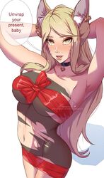 abs ahri big_breasts blonde_hair breasts censored choker christmas christmas_wrapped ear female female_focus female_only fox_ears himmely k/da_ahri k/da_series league_of_legends long_hair looking_at_viewer present_wrap solo solo_female solo_focus stomach very_long_hair wrapped yellow_eyes rating:Questionable score:74 user:heartless0