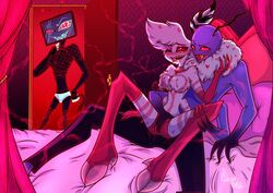 3boys ahe_gao angel_dust_(hazbin_hotel) arachnid bed blush chest_tuft collar demon femboy fishnets gay hazbin_hotel looking_pleasured male male/male male_only moth rubbing smoke spider spread_legs thighhighs thighs tv valentino_(hazbin_hotel) vox_(hazbin_hotel) yaoi rating:Questionable score:57 user:FemboysAreLife