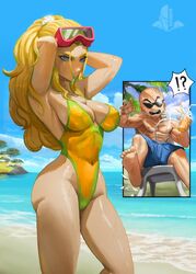 android_18 beach bikini blonde_female blonde_hair blue_eyes breasts couple dragon_ball dragon_ball_z elitenappa female_focus krillin kuririn outdoors solo_focus swimsuit rating:Explicit score:246 user:Catwoman