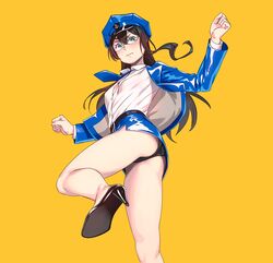 1girls alternate_costume anchor_print ass bangs bare_legs belt black_hair black_panties blue_eyes blue_jacket blue_skirt blush breasts closed_mouth eyebrows_visible_through_hair female female_only from_below glasses hat heels high_heels highres jacket kantai_collection leg_up long_hair long_sleeves looking_at_viewer miniskirt ooyodo_(kantai_collection) panties pantyshot peaked_cap pencil_skirt semi-rimless_eyewear shiny shiny_clothes shirt simple_background skirt small_breasts solo thighs under-rim_eyewear underwear white_shirt yellow_background yuuji_(and) rating:Questionable score:36 user:grimmriper25